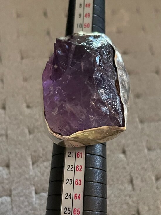 Handmade Jewelry - Vintage Silver Statement Ring Amethyst Size 8 Handmade Artisan Signed CAROL $350
